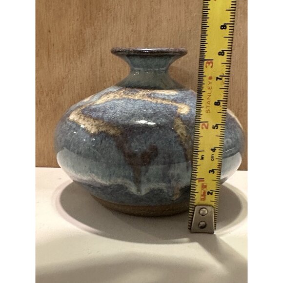 Studio Art Pottery Mini Vase Pot Artist Signed Blue Drip Short Squat Glazed - Picture 9 of 9